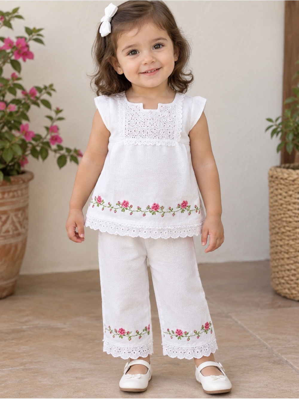 Gymboree White Floral Embroidered Pajama Set with Pink Roses